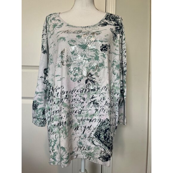 ALC Floral Text Script Top Size 3X Light Green Silver Black 100% Cotton Romantic - Picture 1 of 8